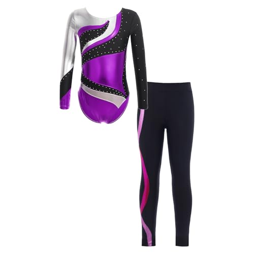 Choomomo Mädchen Turnanzug Gymnastikanzug Glänzend Gymnastikbody Langarm Turntrikot Mit Leggings Wettkampf Tanzkleidung Dancewear Violett 134-140 von Choomomo