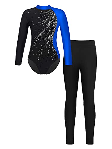 Choomomo Mädchen Turnanzug Gymnastikanzug Langarm Gymnastik Skating Trikot Mit Leggings Wettkampf Tanzkleidung Dancewear Blau Schwarz D 134-140 von Choomomo