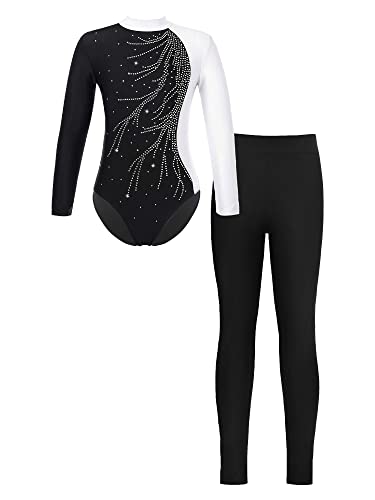 Choomomo Mädchen Turnanzug Gymnastikanzug Langarm Gymnastik Skating Trikot Mit Leggings Wettkampf Tanzkleidung Dancewear Weiß schwarz D 122-128 von Choomomo