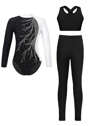 Choomomo Mädchen Turnanzug Langarm Strass Gymnastik Kleidung Set Ballett Trikot mit Lange Hose West Kinder Gymnastikanzug Weiß 146-152 von Choomomo