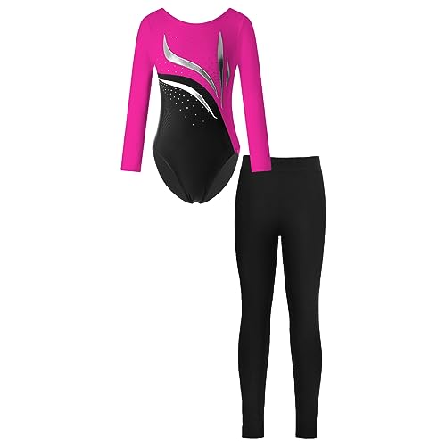 Choomomo Mädchen Turnanzug Langarm Turntrikot Mit Leggings set Gymnastikanzug Glänzend Gymnastikbody Wettkampf Tanzkleidung Dancewear Hot Pink & Schwarz 134-140 von Choomomo