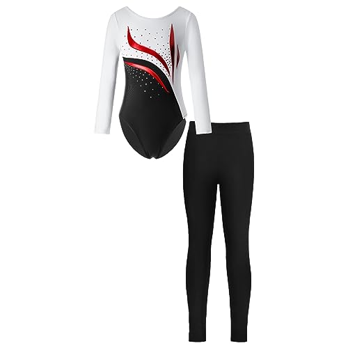 Choomomo Mädchen Turnanzug Langarm Turntrikot Mit Leggings set Gymnastikanzug Glänzend Gymnastikbody Wettkampf Tanzkleidung Dancewear Weiß schwarz 158-164 von Choomomo