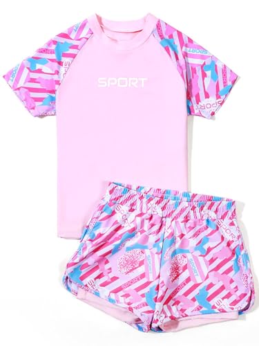 Choomomo Mädchen Zweiteilige Badeanzüge Kinder UV-Schutz Bademode Blumenmuster Badeset Kurzarm Badeshirt + Badeshorts Tankini Set Badebekleidung Rosa A 170 von Choomomo