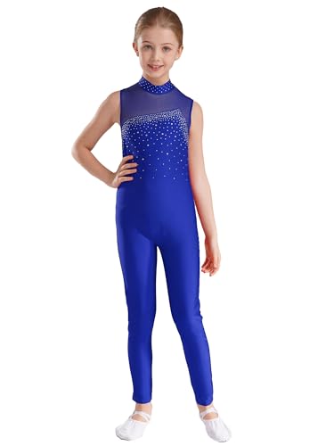 Choomomo Turnanzug Ganzkörper Kinder Mädchen Ärmellos Sportbody Gymnastik Gymnastikanzug Turnen Strass Glitzer Trikot Rückenfrei Bodysuit Dancewear Königsblau 140-152 von Choomomo