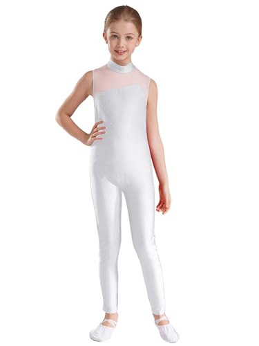 Choomomo Turnanzug Ganzkörper Kinder Mädchen Ärmellos Sportbody Gymnastik Gymnastikanzug Turnen Strass Glitzer Trikot Rückenfrei Bodysuit Dancewear Weiß 140-152 von Choomomo