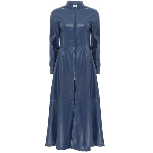 Choomomo Unisex Damen Herren PVC Leder Trenchcoat mit Reißverschluss Sexy Slim Fit Jacke Kleid Wetlook Body Clubwear Langer Lack-Mantel Navy blau 5XL von Choomomo