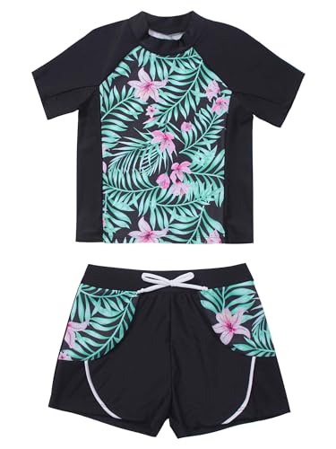 Choomomo Zweiteilige Badeanzüge für Mädchen Kinder UV-Schutz Bademode Blumenmuster Badeset Kurzarm Badeshirt + Badeshorts Tankini Set Badebekleidung Sommerlilie Rosa 146-152 von Choomomo