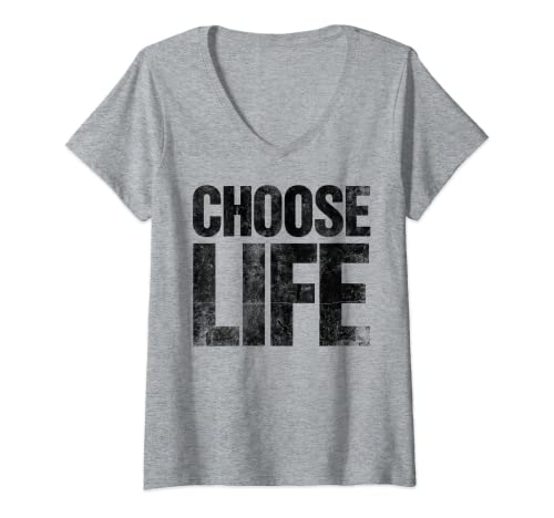 Damen Retro Vintage 80er Jahre Halloween Kostüm Choose Life Distressed T-Shirt mit V-Ausschnitt von Choose Life Retro Clothing