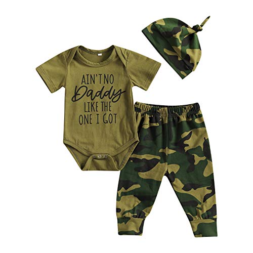 Neugeborenes Baby Junge Camouflage Kleidung Brief gedruckt Kurzarm Strampler Tops + Lange Hosen + Camo Hut 3-teiliges Outfits Set Gr. 6-12 Monate, Army Green Daddy von ChouZZ