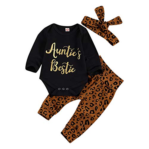 Neugeborenes Baby Mädchen Leopard Kleidung Set Langarm Auntie Bestie Gedruckt Strampler Top + Leggings Hose + Stirnband Frühling Herbst Outfits Gr. 6-9 Monate, Schwarz von ChouZZ