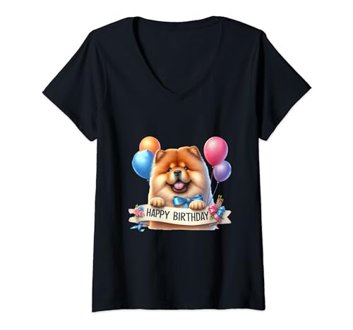 Damen Chow Chow Hund Happy Birthday Puppy Dog Ballon T-Shirt mit V-Ausschnitt Damen Chow Chow Hund Happy Birthday Puppy Dog Ballon T-Shirt mit V-Ausschnitt von Chow Chow Dog Happy Birthday Puppy Dog Balloon