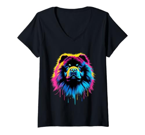 Damen Bunte Pop-Art-Chow Chow Hund T-Shirt mit V-Ausschnitt Damen Bunte Pop-Art-Chow Chow Hund T-Shirt mit V-Ausschnitt von Chow Chow Dog Lover Designs