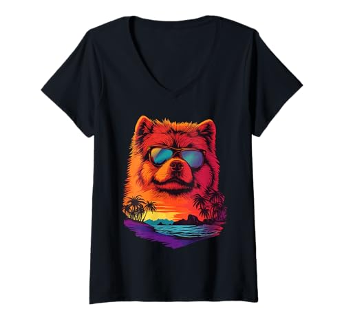 Damen Chow Chow Hundeliebhaber bei Sonnenuntergang, Retro-Chow-Chow T-Shirt mit V-Ausschnitt von Chow Chow Dog Lovers Designs