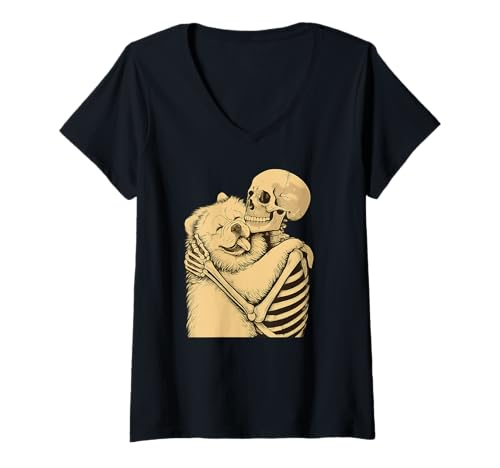 Damen Skelett umarmt Chow Dog Halloween T-Shirt mit V-Ausschnitt von Chow Chow Mom Messy Bun Hair T -Shirt