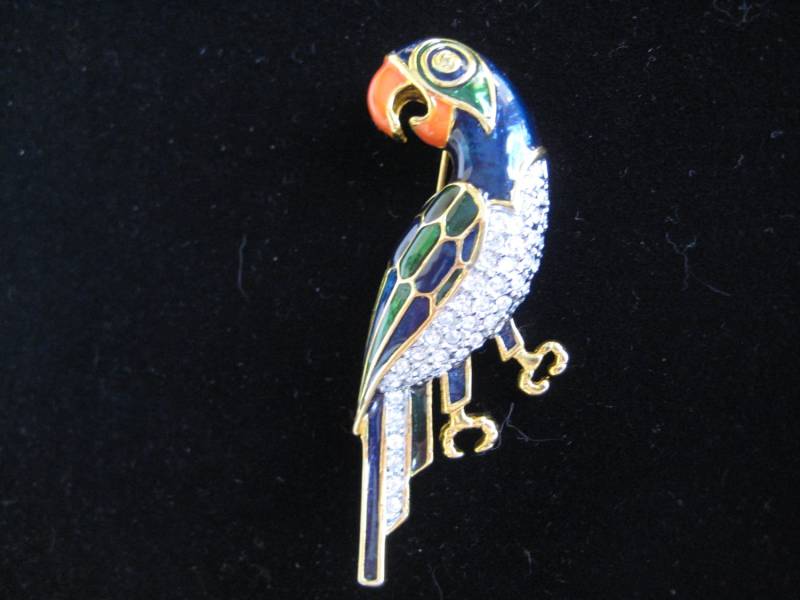 Vintage Strass Und Emaille Papagei Brosche von ChowMamaJewelry