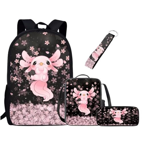 Chririnla 4-teiliges Schulranzen-Set für Jungen, Mädchen, Teenager, 43,2 cm, Büchertasche + Stifttasche + Schlüsselanhänger, Schulbedarf, Axolotls Pink Cherry Blossom, Tagesrucksäcke von Chririnla