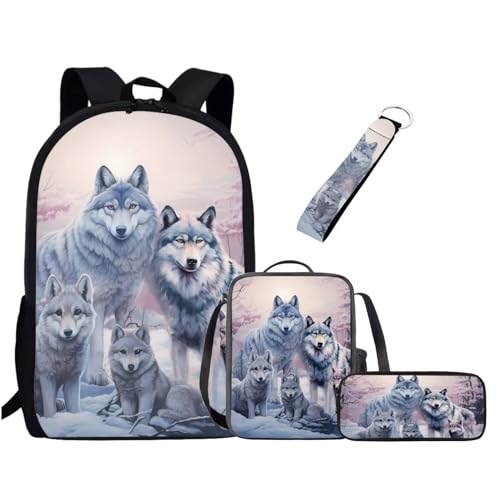 Chririnla 4-teiliges Schulranzen-Set für Jungen, Mädchen, Teenager, 43,2 cm, Büchertasche + Stifttasche + Schlüsselanhänger, Schulbedarf, Galaxy Wolf, Tagesrucksäcke von Chririnla