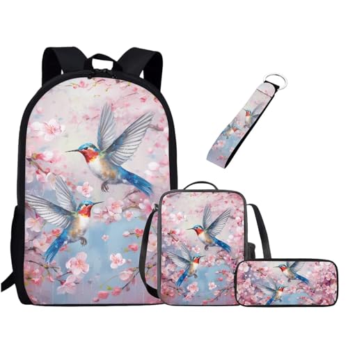 Chririnla 4-teiliges Schulranzen-Set für Jungen, Mädchen, Teenager, 43,2 cm, Büchertasche + Stifttasche + Schlüsselanhänger, Schulbedarf, Kolibri, Blumenmuster, Rosa, Tagesrucksäcke von Chririnla