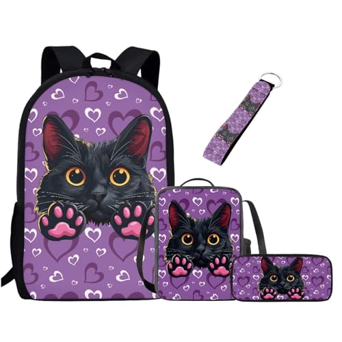 Chririnla 4-teiliges Schulranzen-Set für Jungen, Mädchen, Teenager, 43,2 cm, Büchertasche + Stifttasche + Schlüsselanhänger, Schulbedarf, schwarze katze, Tagesrucksäcke von Chririnla