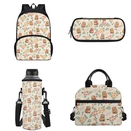 Chririnla 4-teiliges Schultaschen-Set für Jungen und Mädchen, Cartoon-Rucksack mit Lunchtasche, Federmäppchen, Aufbewahrungstasche und Wasserflaschen-Tragetaschen, Capybara und Gänseblümchen, von Chririnla