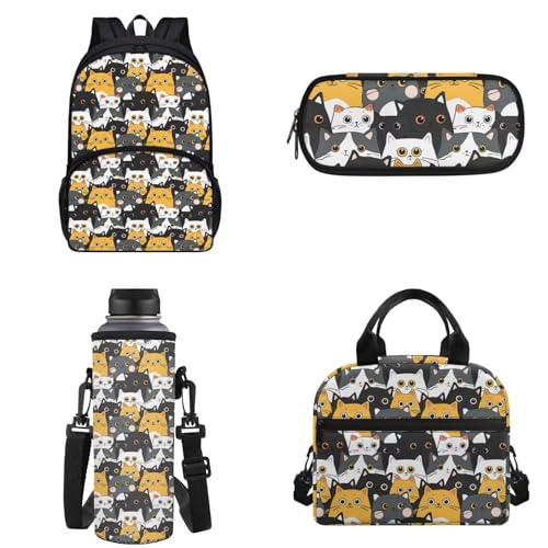 Chririnla 4-teiliges Schultaschen-Set für Jungen und Mädchen, Cartoon-Rucksack mit Lunchtasche, Federmäppchen, Aufbewahrungstasche und Wasserflaschen-Tragetaschen, Cartoon Katze, Kinderrucksack von Chririnla