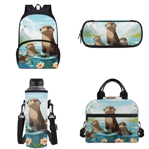 Chririnla 4-teiliges Schultaschen-Set für Jungen und Mädchen, Cartoon-Rucksack mit Lunchtasche, Federmäppchen, Aufbewahrungstasche und Wasserflaschen-Tragetaschen, Cartoon-Otter, Kinderrucksack von Chririnla