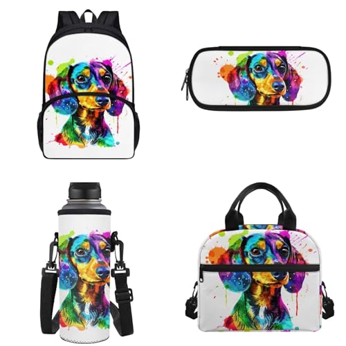 Chririnla 4-teiliges Schultaschen-Set für Jungen und Mädchen, Cartoon-Rucksack mit Lunchtasche, Federmäppchen, Aufbewahrungstasche und Wasserflaschen-Tragetaschen, Dackel Hund, Kinderrucksack von Chririnla