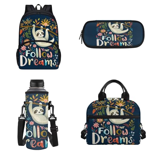 Chririnla 4-teiliges Schultaschen-Set für Jungen und Mädchen, Cartoon-Rucksack mit Lunchtasche, Federmäppchen, Aufbewahrungstasche und Wasserflaschen-Tragetaschen, Faultier, Kinderrucksack von Chririnla