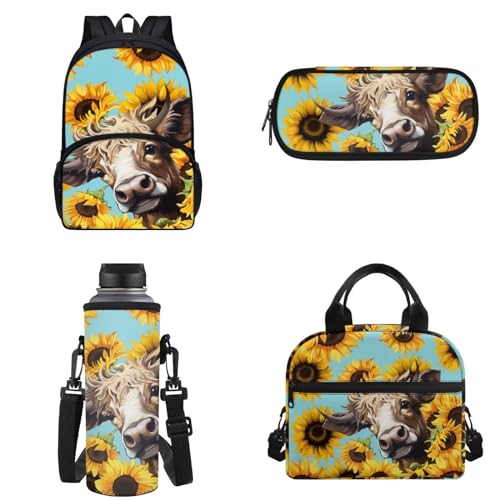 Chririnla 4-teiliges Schultaschen-Set für Jungen und Mädchen, Cartoon-Rucksack mit Lunchtasche, Federmäppchen, Aufbewahrungstasche und Wasserflaschen-Tragetaschen, Highland Cow Sonnenblume, von Chririnla