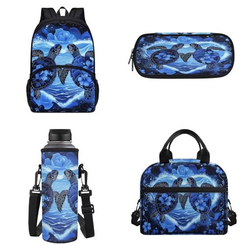 Chririnla 4-teiliges Schultaschen-Set für Jungen und Mädchen, Cartoon-Rucksack mit Lunchtasche, Federmäppchen, Aufbewahrungstasche und Wasserflaschen-Tragetaschen, Meeresschildkröte, Kinderrucksack von Chririnla