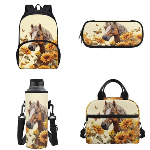 Chririnla 4-teiliges Schultaschen-Set für Jungen und Mädchen, Cartoon-Rucksack mit Lunchtasche, Federmäppchen, Aufbewahrungstasche und Wasserflaschen-Tragetaschen, Sonnenblume, Kinderrucksack von Chririnla