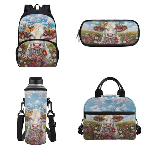 Chririnla 4-teiliges Schultaschen-Set für Jungen und Mädchen, Cartoon-Rucksack mit Lunchtasche, Federmäppchen, Aufbewahrungstasche und Wasserflaschen-Tragetaschen, kuh, Kinderrucksack von Chririnla