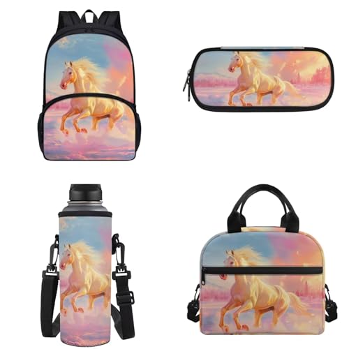 Chririnla 4-teiliges Schultaschen-Set für Jungen und Mädchen, Cartoon-Rucksack mit Lunchtasche, Federmäppchen, Aufbewahrungstasche und Wasserflaschen-Tragetaschen, pferd, Kinderrucksack von Chririnla