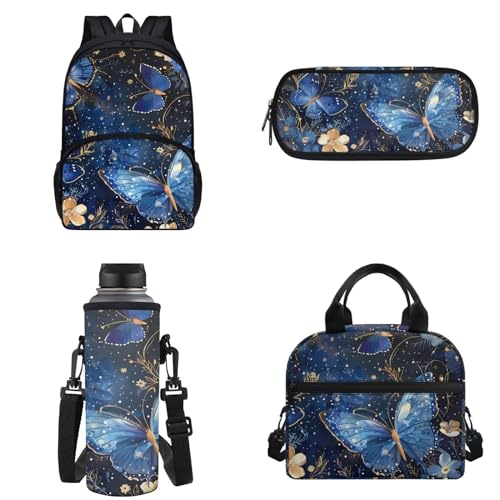 Chririnla 4-teiliges Schultaschen-Set für Jungen und Mädchen, Cartoon-Rucksack mit Lunchtasche, Federmäppchen, Aufbewahrungstasche und Wasserflaschen-Tragetaschen, schmetterling, Kinderrucksack von Chririnla