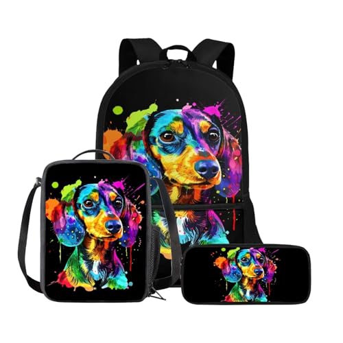 Chririnla Grundschule Kinder Rucksack Jungen Mädchen Schultasche + Isolierte Lunchtasche + Stifttasche Büchertasche Set von 3, Bunter Dackel, Tagesrucksäcke von Chririnla