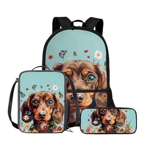 Chririnla Grundschule Kinder Rucksack Jungen Mädchen Schultasche + Isolierte Lunchtasche + Stifttasche Büchertasche Set von 3, Dackel, Hund, Schmetterling, Blume, Tagesrucksäcke von Chririnla