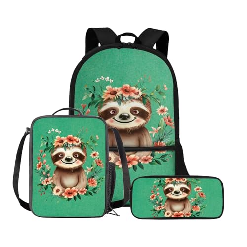 Chririnla Grundschule Kinder Rucksack Jungen Mädchen Schultasche + Isolierte Lunchtasche + Stifttasche Büchertasche Set von 3, Faultier Blume grün, Tagesrucksäcke von Chririnla