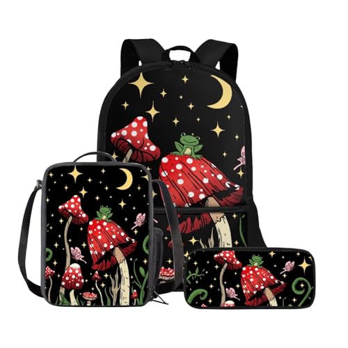 Chririnla Grundschule Kinder Rucksack Jungen Mädchen Schultasche + Isolierte Lunchtasche + Stifttasche Büchertasche Set von 3, Niedlicher Froschpilz, Tagesrucksäcke von Chririnla