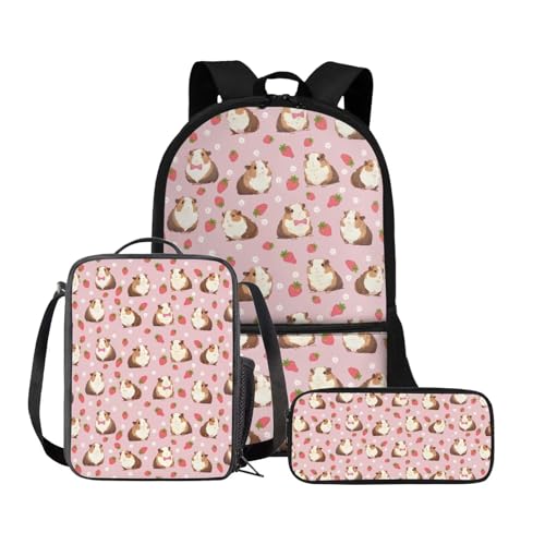 Chririnla Grundschule Kinder Rucksack Jungen Mädchen Schultasche + Isolierte Lunchtasche + Stifttasche Büchertasche Set von 3, Rosafarbenes Erdbeer-Meerschweinchen, Tagesrucksäcke von Chririnla