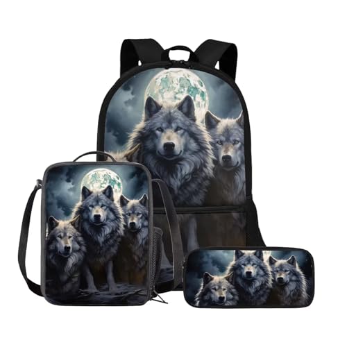 Chririnla Grundschule Kinder Rucksack Jungen Mädchen Schultasche + Isolierte Lunchtasche + Stifttasche Büchertasche Set von 3, wolf, Tagesrucksäcke von Chririnla