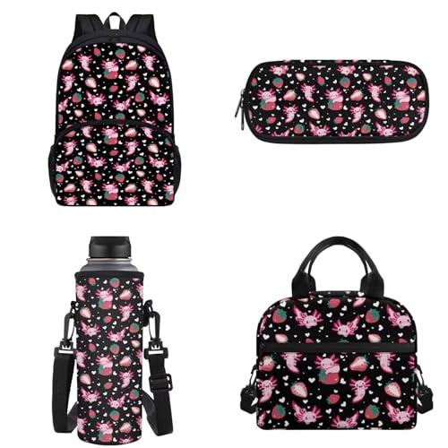 Chririnla Grundschulrucksack, 4 Stück, Schultasche und Lunchtasche, isolierte Lunchtasche, Stifttasche, Flaschentragetasche für Jungen und Mädchen, Axolotl und Pink Strawberry, Kinderrucksack von Chririnla