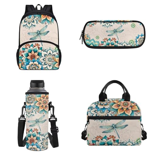 Chririnla Grundschulrucksack, 4 Stück, Schultasche und Lunchtasche, isolierte Lunchtasche, Stifttasche, Flaschentragetasche für Jungen und Mädchen, Böhmische Blumenlibelle, Kinderrucksack von Chririnla