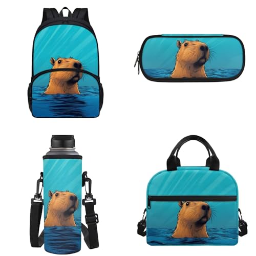 Chririnla Grundschulrucksack, 4 Stück, Schultasche und Lunchtasche, isolierte Lunchtasche, Stifttasche, Flaschentragetasche für Jungen und Mädchen, Cartoon-Capybara, Kinderrucksack von Chririnla