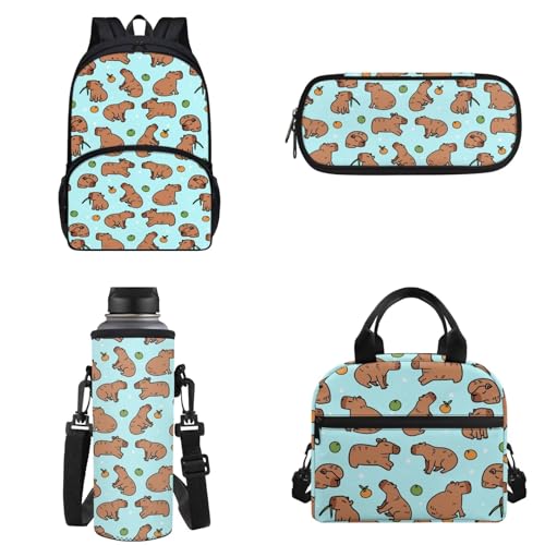 Chririnla Grundschulrucksack, 4 Stück, Schultasche und Lunchtasche, isolierte Lunchtasche, Stifttasche, Flaschentragetasche für Jungen und Mädchen, Cartoon-Capybara-Druck, Kinderrucksack von Chririnla