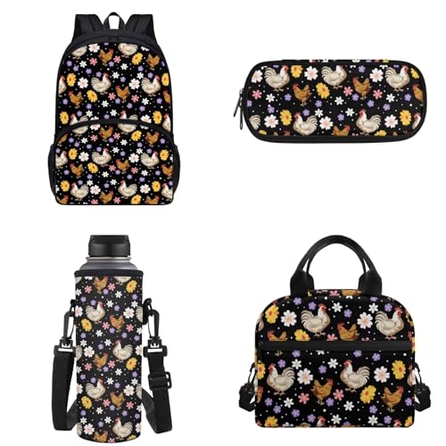 Chririnla Grundschulrucksack, 4 Stück, Schultasche und Lunchtasche, isolierte Lunchtasche, Stifttasche, Flaschentragetasche für Jungen und Mädchen, Cartoon-Henne und Blumen, Kinderrucksack von Chririnla