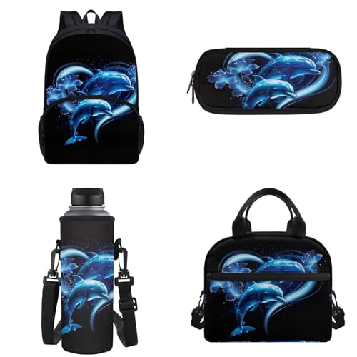 Chririnla Grundschulrucksack, 4 Stück, Schultasche und Lunchtasche, isolierte Lunchtasche, Stifttasche, Flaschentragetasche für Jungen und Mädchen, Delfin, Kinderrucksack von Chririnla