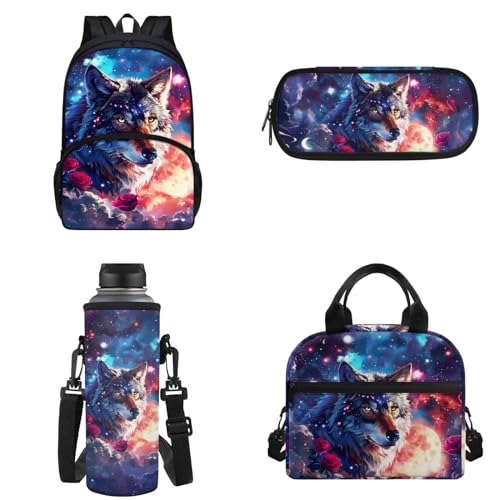 Chririnla Grundschulrucksack, 4 Stück, Schultasche und Lunchtasche, isolierte Lunchtasche, Stifttasche, Flaschentragetasche für Jungen und Mädchen, Galaxy Wolf, Kinderrucksack von Chririnla