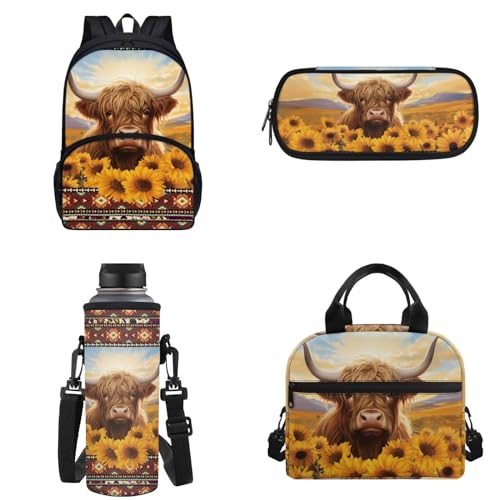 Chririnla Grundschulrucksack, 4 Stück, Schultasche und Lunchtasche, isolierte Lunchtasche, Stifttasche, Flaschentragetasche für Jungen und Mädchen, Highland Cow Sonnenblumen, Kinderrucksack von Chririnla