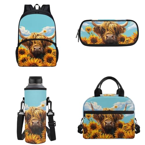 Chririnla Grundschulrucksack, 4 Stück, Schultasche und Lunchtasche, isolierte Lunchtasche, Stifttasche, Flaschentragetasche für Jungen und Mädchen, Highland Kuh, Kinderrucksack von Chririnla