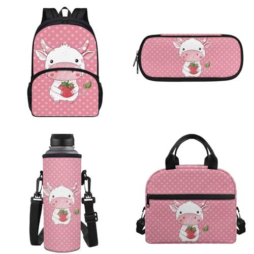 Chririnla Grundschulrucksack, 4 Stück, Schultasche und Lunchtasche, isolierte Lunchtasche, Stifttasche, Flaschentragetasche für Jungen und Mädchen, kuh, Kinderrucksack von Chririnla